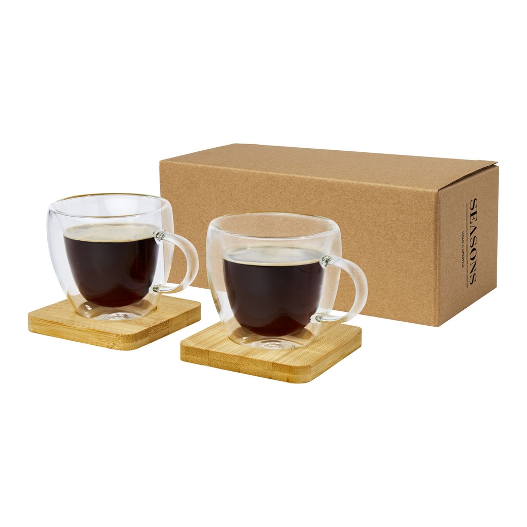 Manti 2-piece 100 ml double-wall glass cup with bamboo coaster