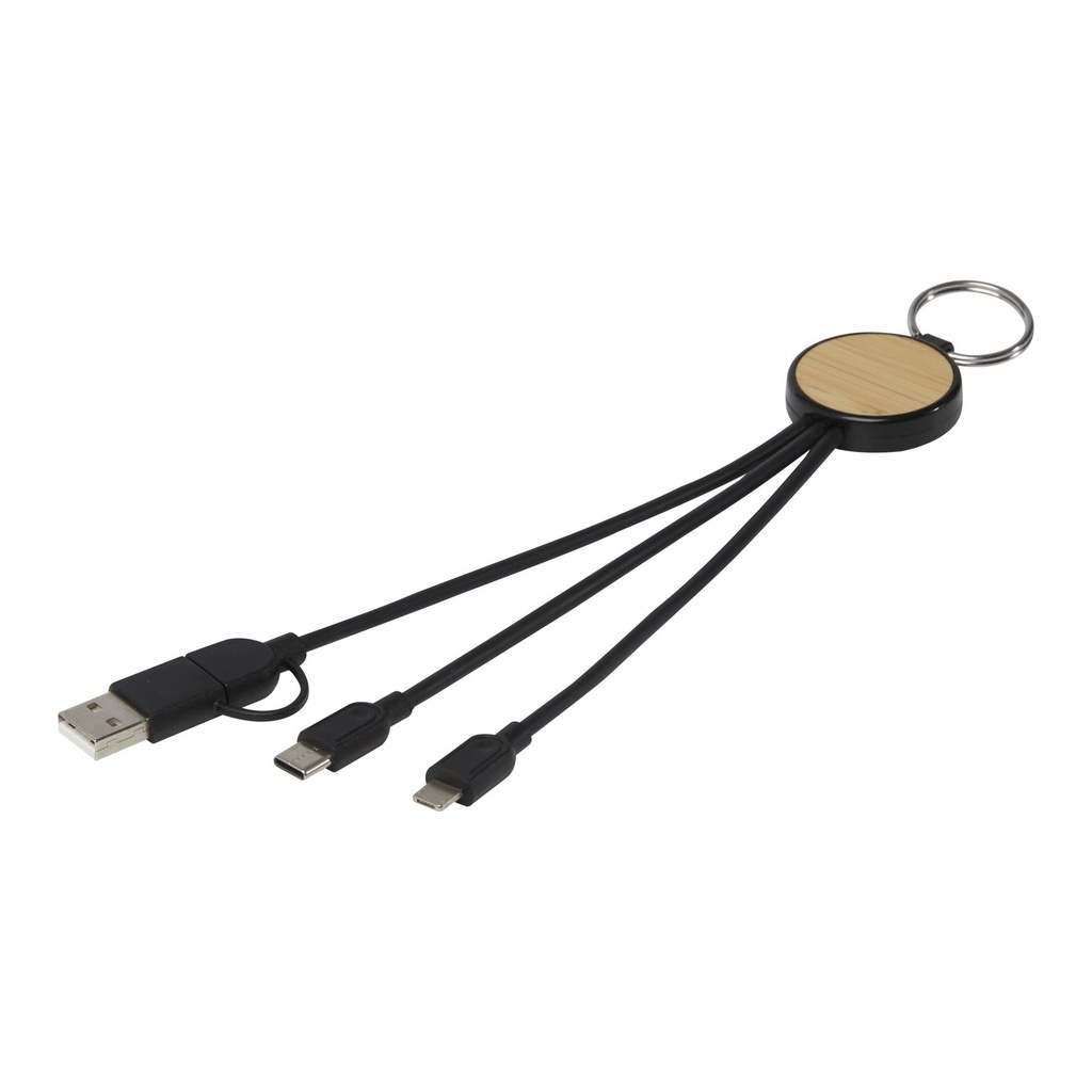 Tecta 6-in-1 recycled plastic/bamboo charging cable with keyring