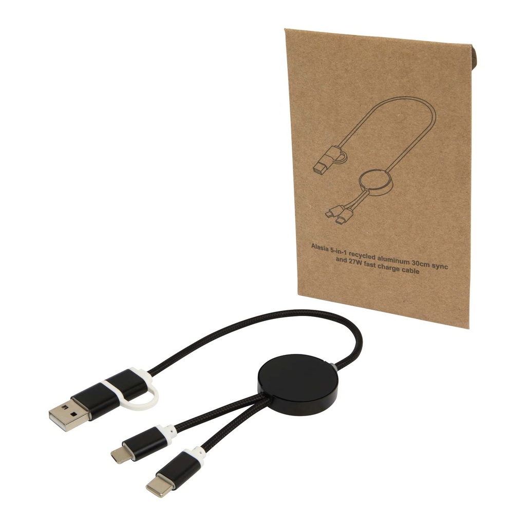 Alasia 5-in-1 recycled aluminium and plastic 30 cm data sync and 27W fast charge cable
