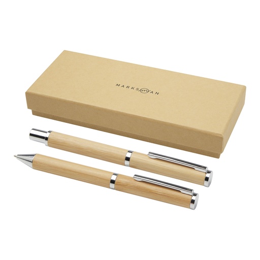 [10783306] Apolys bamboo ballpoint and rollerball pen gift set (black ink)
